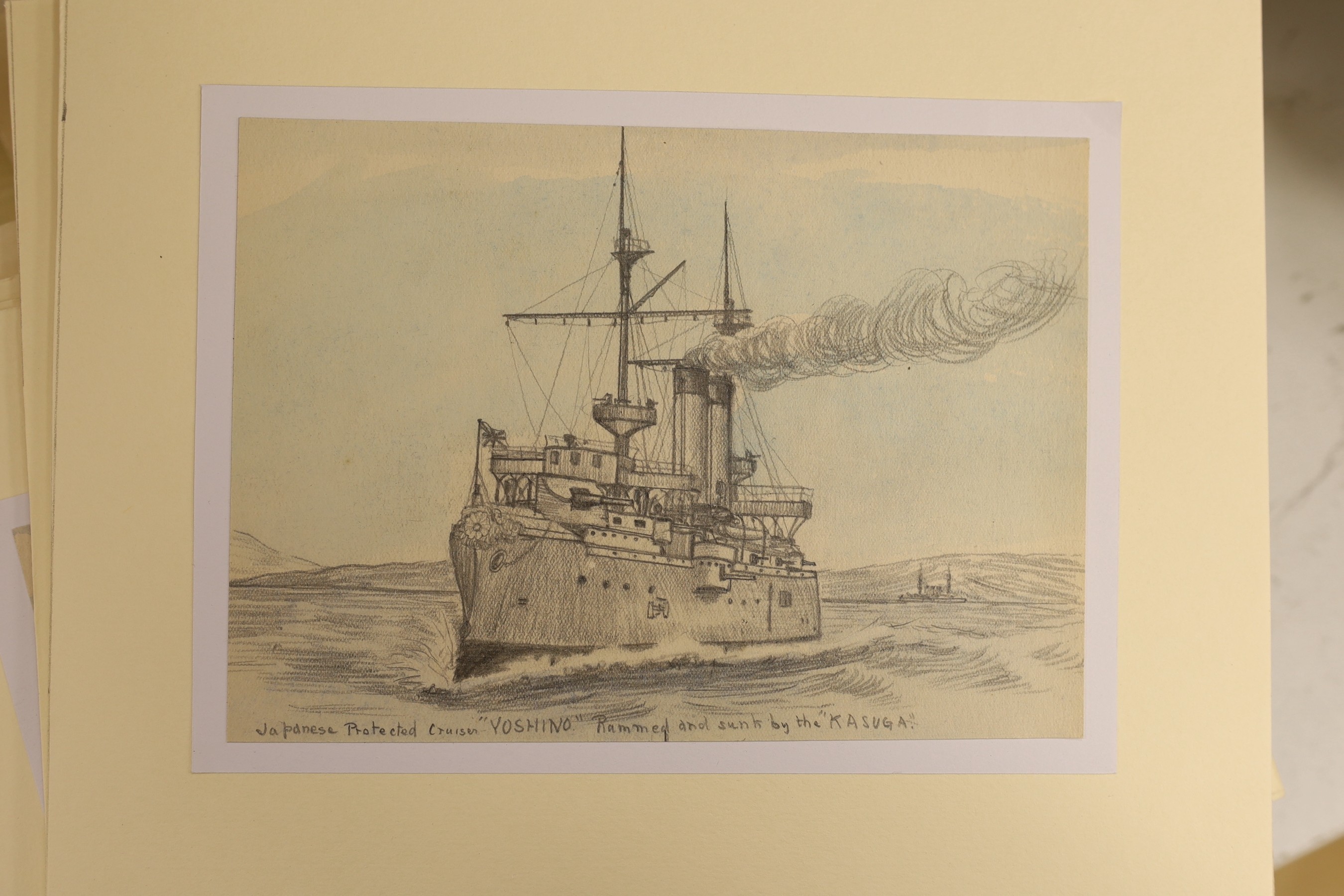 John Musgrave-Wood (1915-1998) and H. Annesley-Thompson, fifteen pen and ink caricatures from the 1930's for the Daily Express including J.B. Priestley, 11 x 9cm and a quantity of pencil studies of Japanese battleships,